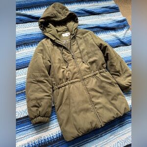 Olive Green Jones New York long puffer hooded coat - women’s small